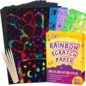 pigipigi Scratch Paper Art for Kids – 59 Pcs Magic Rainbow Scratch Paper Off Set Scratch Crafts Arts Supplies Kits Pads Sheets Boards for Party Games Easter Christmas Birthday Gift