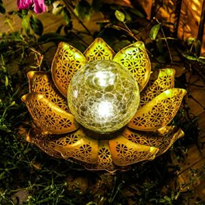Metal Lotus Solar Globe LED Light for Garden Decor IP 65 Waterproof Crack Glass Solar Hollow Out Retro Golden Light for Patio Lawn Pathway Landscape Yard