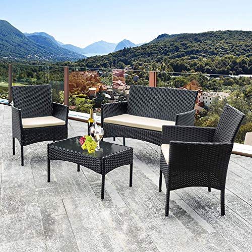 The Storepaperoomates Retail Market Outdoor Patio Furniture Sets 4 Pieces Patio Set Rattan Chair Wicker Sofa Conversation Set Patio Chair Wicker Set with Table Backyard Lawn Porch Garden Poolside Balcony Furniture (Black) - Fast Affordable Shopping