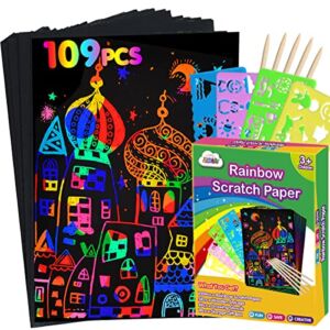 ZMLM Rainbow Scratch Paper Kit: 109Pcs Magic Art Craft Stuff Supplies Black Drawing Pad for Age 3-12 Kids Children Girl Boy DIY Toy Activity Game Kindergarten Educational|Party Faver|Birthday Gifts