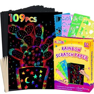 pigipigi Rainbow Scratch Paper Art – 109 Pcs Magic Scratch Off Craft Kit for Kids Color Drawing Note Pad Supply for Children Girls Boys DIY Party Favor Game Activity Birthday Christmas Toy Gift Set