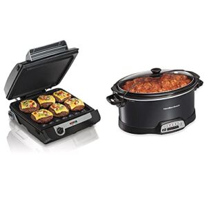 Hamilton Beach 4-in-1 Indoor Grill & Electric Griddle Combo with Bacon Cooker, Black & Silver (25601) & Portable 7-Quart Programmable Slow Cooker With Lid Latch Strap for Easy Transport, Black