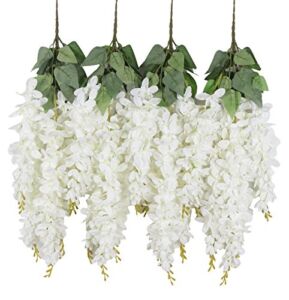 Duovlo Silk Wisteria Flower Artificial 2.13 Feet Hanging Wisteria Vine Fake Flower Bush String Home Party Wedding Decoration,Pack of 4（White）