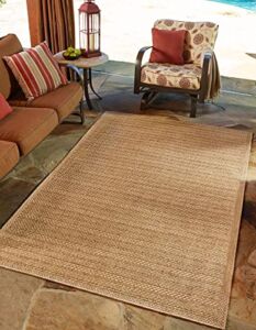 Unique Loom Outdoor Collection Transitional Indoor & Outdoor Casual Striped Tonal Border Area Rug, 8 ft x 11 ft 4 in, Light Brown/Olive