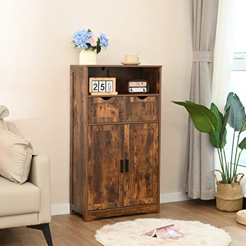 IWELL Storage Cabinet with 2 Adjustable Drawers & 2 Shelf, Bathroom Floor Cabinet with Door, Cupboard for Living Room, Home Office, Kitchen, Rustic Brown - The Storepaperoomates Retail Market - Fast Affordable Shopping
