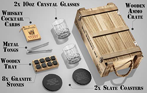 Whiskey Stones Gift Set for Men | Whiskey Glass and Stones Set with Wooden Army Crate, 8 Granite Whiskey Rocks Chilling Stones and 10oz Whiskey Glasses | Whiskey Gift For Men, Dad, Husband, Boyfriend - The Storepaperoomates Retail Market - Fast Affordable Shopping