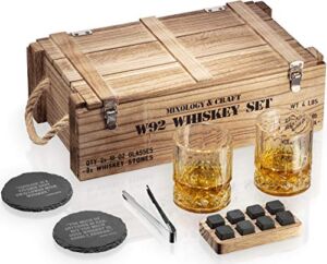 Whiskey Stones Gift Set for Men | Whiskey Glass and Stones Set with Wooden Army Crate, 8 Granite Whiskey Rocks Chilling Stones and 10oz Whiskey Glasses | Whiskey Gift For Men, Dad, Husband, Boyfriend