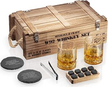 Whiskey Stones Gift Set for Men | Whiskey Glass and Stones Set with Wooden Army Crate, 8 Granite Whiskey Rocks Chilling Stones and 10oz Whiskey Glasses | Whiskey Gift For Men, Dad, Husband, Boyfriend - The Storepaperoomates Retail Market - Fast Affordable Shopping
