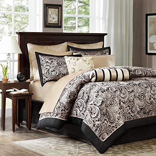 Madison Park Aubrey Cozy Comforter Set, Faux Silk Jacquard Paisley Design – All Season Down Alternative Bedding Layer with Bedskirt, Decorative Pillow, King, Black 12 Piece - The Storepaperoomates Retail Market - Fast Affordable Shopping