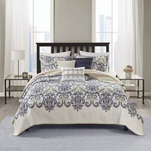 Madison Park Quilt Traditional Damask Design All Season, Lightweight Coverlet Bedspread Bedding Set, Matching Shams, Pillows, King/Cal King(104″x94″), Navy/White 6 Piece