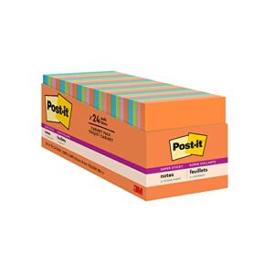 Post-it Super Sticky Notes, 3×3 in, 24 Pads, 2x the Sticking Power,Energy Boost Collection, Bright Colors (Orange, Pink, Blue, Green), Recyclable (654-24SSAU-CP)