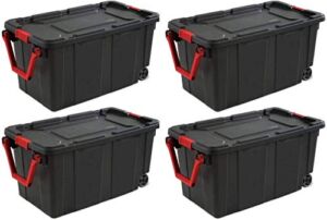 STERILITE 14699002 40 Gallon/151 Liter Wheeled Industrial Tote, Black Lid & Base w/Racer Red Handle & Latches, 4 Pack
