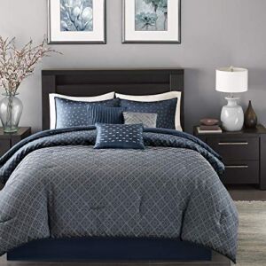 Madison Park Biloxi Jacquard Comforter Set – Modern Geometric Design, All Season Down Alternative Cozy Bedding with Matching, Shams, Decorative Pillow, Queen(90″x90″), Ombre Navy 7 Piece