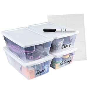 Sterilite 6 Quart Stackable Lightweight Plastic Storage Bins with Lids for Organization (4 Pack) – Container Organizer for Toys, Home, and Office – Bundled with Peaknip Labels and Marker