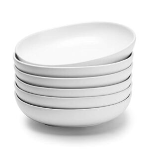 Wide and Shallow Porcelain Salad and Pasta Bowls Set of 6 – 24 Ounce Microwave and Dishwasher Safe Serving Dishes, Matte White