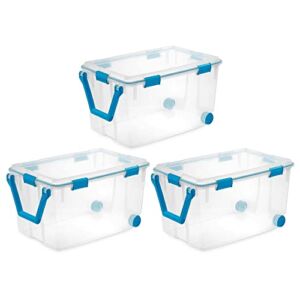 Sterilite 120 Quart Multipurpose Clear Plastic Storage Container Box with Tight Fitting Latching Lids and 2 Rear Wheels, (3 Pack)