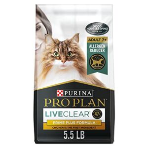 Purina Pro Plan Allergen Reducing Senior Cat Food, LIVECLEAR Adult 7+ Prime Plus Chicken and Rice Formula – 5.5 lb. Bag