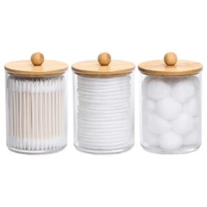 Tbestmax 10 Oz Cotton Swab/Ball/Pad Holder, Qtip Apothecary Jar, Clear Bathroom Containers Dispenser for Storage 3 Pack Wood Lids