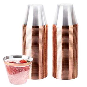 Plasticpro 9 oz Disposable Plastic Party Cups,Old fashioned Designed Tumblers, Crystal Clear (Clear With Rose Gold Rim, 100)