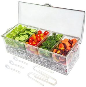 Ice Chilled 5 Compartment Condiment Server Caddy – Serving Tray Container with 5 Removable Dishes with Over 2 Cup Capacity Each and Hinged Lid | 3 Serving Spoons + 3 Tongs Included