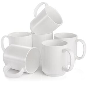 AVLA 6 Pack Porcelain Coffee Mug Set, 16 OZ Ceramic Tea Cups with Handle, White Straight Milk Mug, Elegant Drinking Cups for Cocoa, Water, Latte and Mulled Drinks, Microwave and Dishwasher Safe