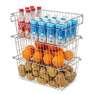SANNO Stackable Wire Baskets For Pantry Storage and Organization Pantry Storage Bins With Handles Sturdy Metal Food Baskets Pantry Organized,set of 3
