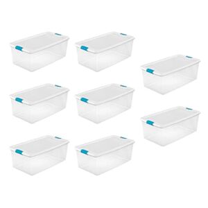 Sterilite Storage System Solution with 106 Quart Clear Stackable Storage Box Organization Containers with White Latching Lid, 8 Pack