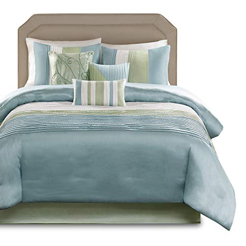 Madison Park Amherst Faux Silk Comforter Set-Casual Contemporary Design All Season Down Alternative Bedding, Matching Shams, Bedskirt, Decorative Pillows, Queen(90″x90″), Green, 7 Piece (MP10-846) | The Storepaperoomates Retail Market - Fast Affordable Shopping