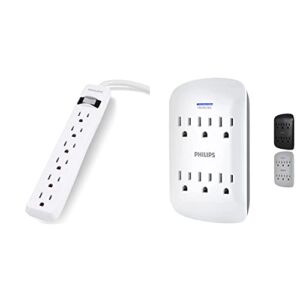 Philips 6-Outlet Surge Protector, 2 Ft Extension Cord & Surge Protector, Wall Tap, 900 Joules, Space Saving Design, 3-Prong, Protection Indicator LED Light, ETL Listed, White, SPP3461WA/37