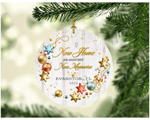 2022 New Home Ornament Christmas Ornaments Tree Evanston Illinois New Home New Adventures New Memories Holiday Ornament Rustic Xmas Decoration Long Distance Present 3″ White
