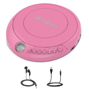 ByronStatics Portable Disc CD player, Personal Walkman Music CD Players Anti-Skip Shockproof Protection, Portable and Lightweight, Headphones Jack, Powered DC or 2XAA Battery – Pink