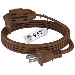 PLUGTUL Indoor Brown Extension Cord 9 Feet, 3-Outlet Household Extension Cord, 2 Prong, 16Gauge, 3 Polarized Outlets with Safety Cap Protect for Home Office, 16/2 SPT-2 ETL Listed
