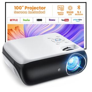 Projector, Native 1080P Bluetooth Projector with 100”Screen, 9500L Portable Outdoor Movie Projector Compatible with Smartphone, HDMI,USB,AV,Fire Stick, PS5