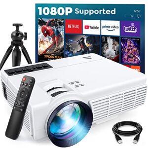 Portable Mini Projector 1080P Supported, Movie Projector w/ Tripod & 55,000 Hrs Lamp Life, Acrojoy Multimedia Home Theater Projector, Compatible with TV Stick, HDMI, VGA, USB, Laptop, Smartphone
