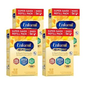 Enfamil NeuroPro Baby Formula, Triple Prebiotic Immune Blend with 2’FL HMO & Expert Recommended Omega-3 DHA, Inspired by Breast Milk, Non-GMO, Refill Box, 4 Count (Pack of 1) (Packaging May Vary)
