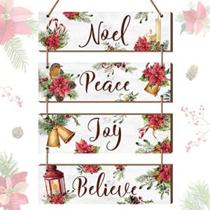 4 Rustic Christmas Decorations Christmas Wooden Wall Decor Christmas Vintage Joy Noel Peace Believe Signs Ornaments Snowflakes Wooden Hanging Plaque for Living Room Bedroom (White, Poinsettia)