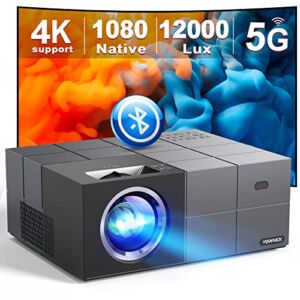 Native 1080P 5G WiFi Bluetooth Projector 4K Support, 350 ANSI YOWHICK Outdoor Movie Projector with Screen and Max 300″ Display, Video Projector Compatible w/iOS/Android/Win/TV/PS5, Grey