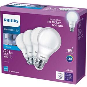 Philips LED- Dimmable A19 Light Bulb, EyeComfort Technology, 800 Lumen, Daylight (5000K), 8.8W=60W, E26 Base, Title 20 Certified, 4 Bulbs