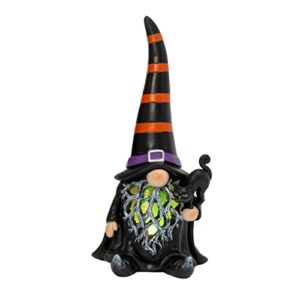 One Holiday Way 9-Inch Black and Orange Halloween Witch Gnome Figurine w/ Light Up Color Changing Beard & Black Cat Accent – Decorative Lighted LED Figure Decoration – Tabletop Shelf Sitter Home Decor