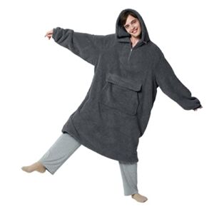 Bedsure Oversized Wearable Blanket Hoodie with Zipper – Charcoal Cozy Sherpa Hooded Blanket Sweatshirt Sweater, Gifts for Women Men