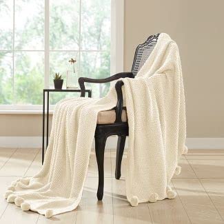 Threshold 50″x60″ Knitted Throw Blanket with Pom-Poms (White) | The Storepaperoomates Retail Market - Fast Affordable Shopping