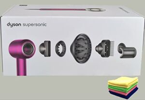 Premium Dyson Supersonic Hair Dryer Limited Gift Set Edition in Fuchsia/Nickel: Fast Drying, Light Weight, Low Noise, Controlled Styling, for Different Hair Types w/ Microfiber Cloth