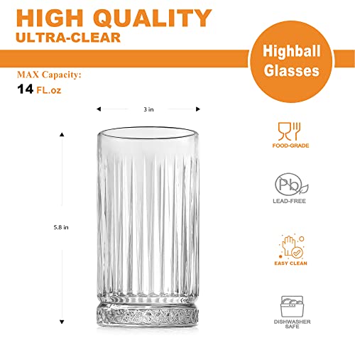 LUXU Highball Glasses 14 fl.oz,Set of 6, Lead-free Drinking Glasses with Heavy Base,Premium Collins Tumblers for Water/Juice/ Cocktails/Beverages,Beautiful Striped Look Glassware,Dishwasher Safe | The Storepaperoomates Retail Market - Fast Affordable Shopping