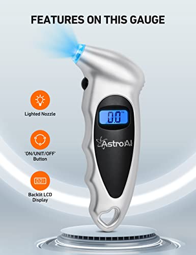 AstroAI Digital Tire Pressure Gauge 150 PSI 4 Settings for Car Truck Bicycle with Backlit LCD and Non-Slip Grip Car Accessories, Silver (1 Pack) | The Storepaperoomates Retail Market - Fast Affordable Shopping