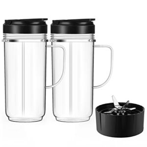 2 Pack Magic Bullet Blender Cups ,Tall 22oz Cups Mugs Flip Top To-Go Lids & 4 Fins Cross Blade with Gasket Handle Replacement Part Compatible Magic Bullet Blender Juicer Mixer Accessories 250W MB1001…