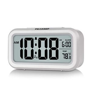 PEAKEEP Smart Night Light Digital Alarm Clock with Indoor Temperature, Battery Operated Desk Small Clock (White)