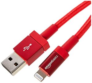 Amazon Basics Nylon USB-A to Lightning Cable Cord, MFi Certified Charger for Apple iPhone, iPad, Red, 6-Ft