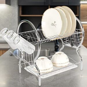 2 Layer 38cm Dish Drainerd Dual Layer Dish Drying Rack Kitchen Collection Shelf Drainer Organizer Over The Sink Mesh Colander Crate and Barrel (Silver, One Size)