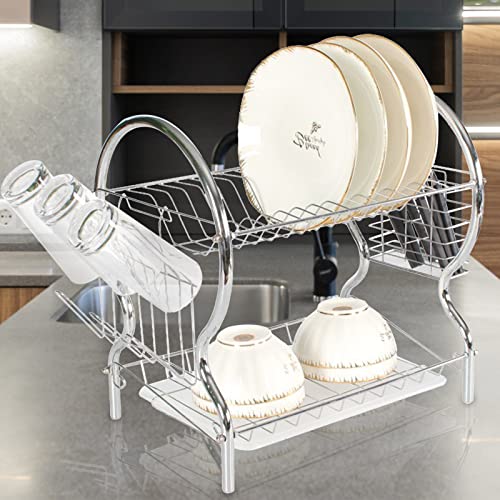 2 Layer 38cm Dish Drainerd Dual Layer Dish Drying Rack Kitchen Collection Shelf Drainer Organizer Over The Sink Mesh Colander Crate and Barrel (Silver, One Size) | The Storepaperoomates Retail Market - Fast Affordable Shopping