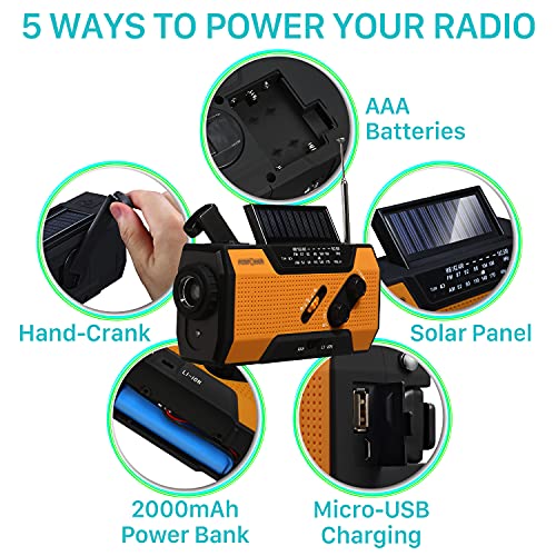 FosPower 2000mAh NOAA Emergency Weather Radio (Model A1) Portable Power Bank with Solar Charging, Hand Crank & Battery Operated, SOS Alarm, AM/FM & LED Flashlight for Outdoor Emergency | The Storepaperoomates Retail Market - Fast Affordable Shopping